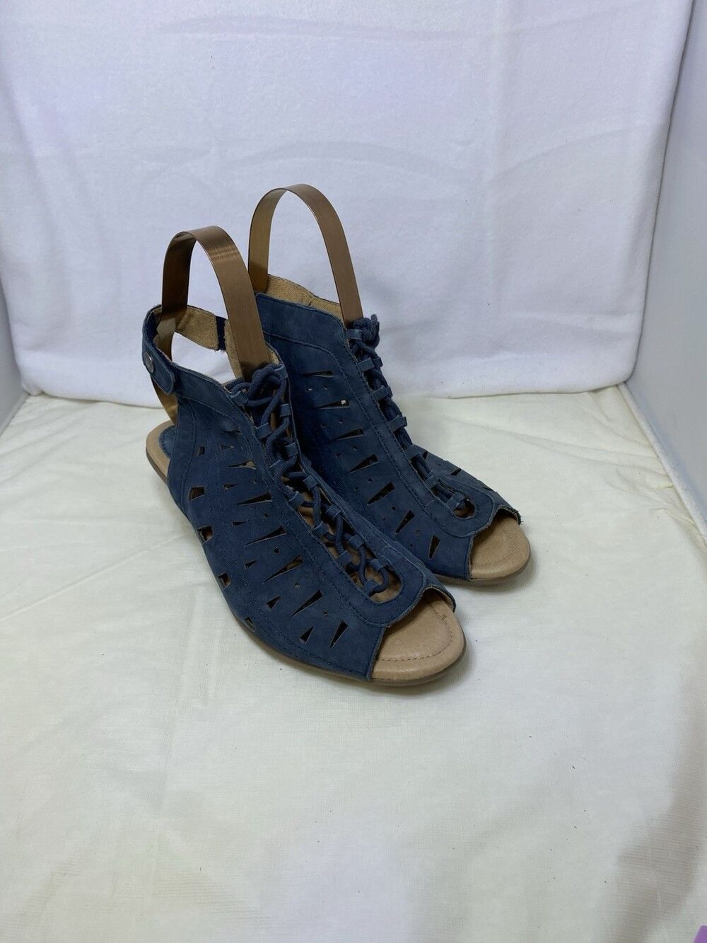 EARTH Kristen Lace Up NAVY BLUE Nubuck Leather Block Heel Sandals Sz 8.5 B